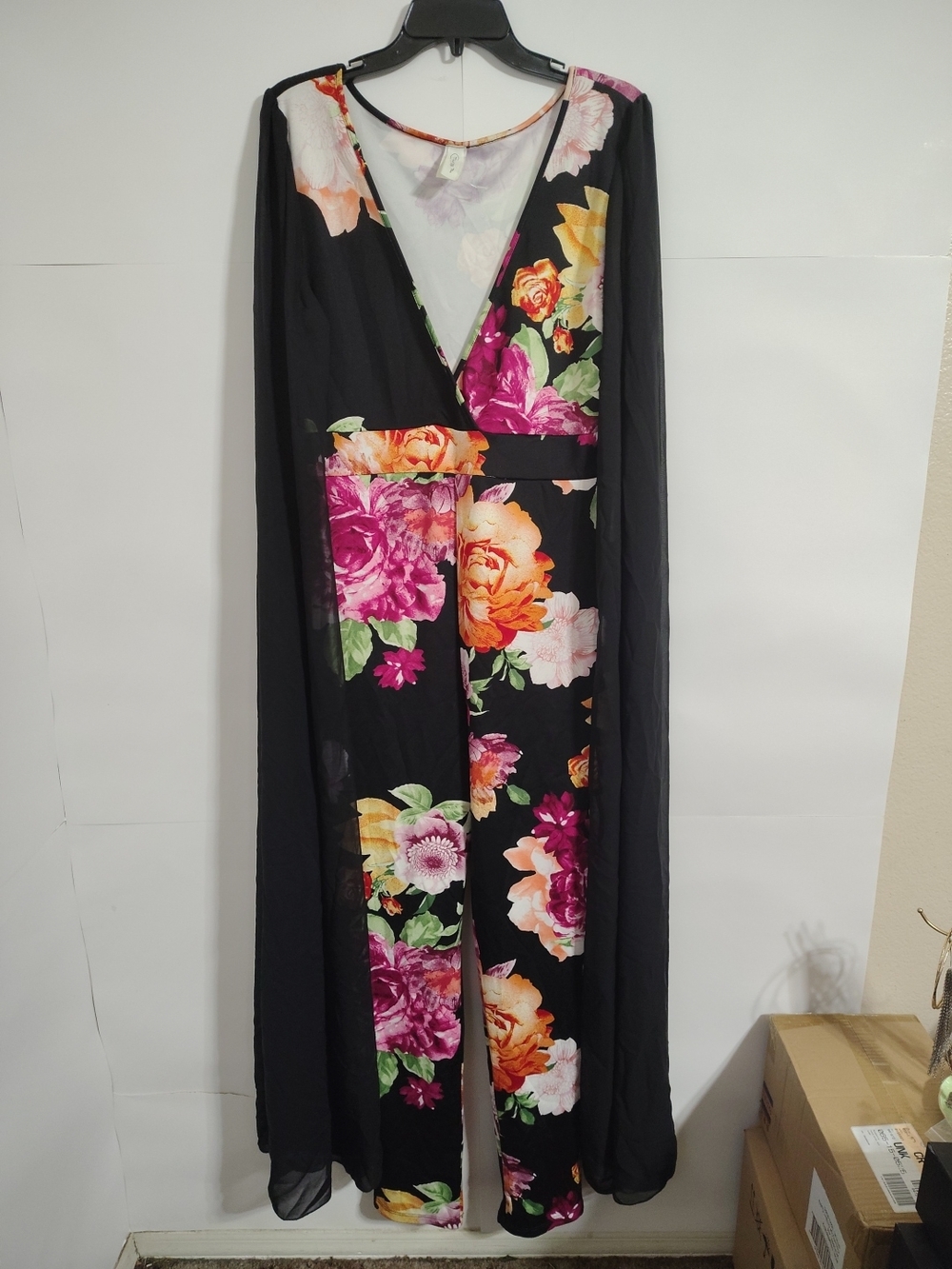 Black Floral Wrap Jumpsuit with Fly Away Sleeves.